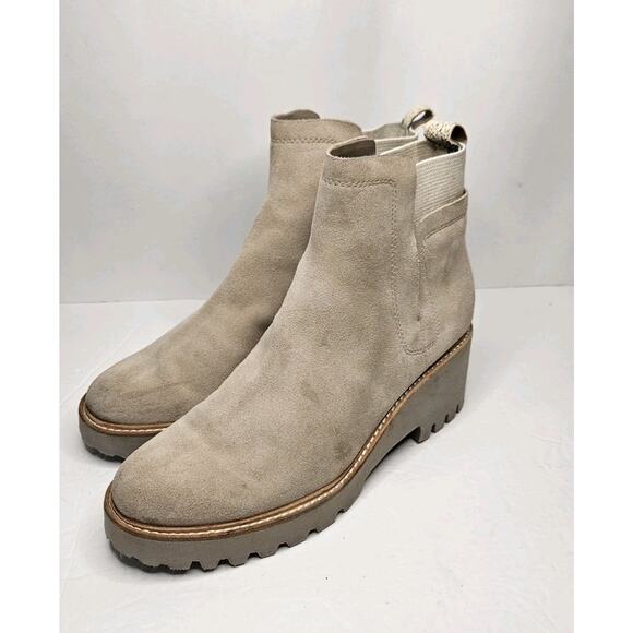 Dolce Vita Womens Boots 9.5 M Beige Suede Ankle Booties Chunky Heel Pull On - Picture 1 of 10